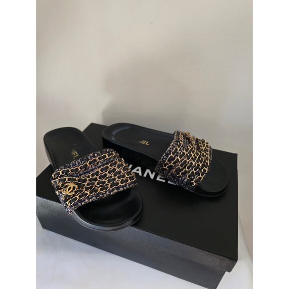 Chanel Black Leather 2016 Interlocking CC Logo Slides 36 sz - Picture 3 of 11